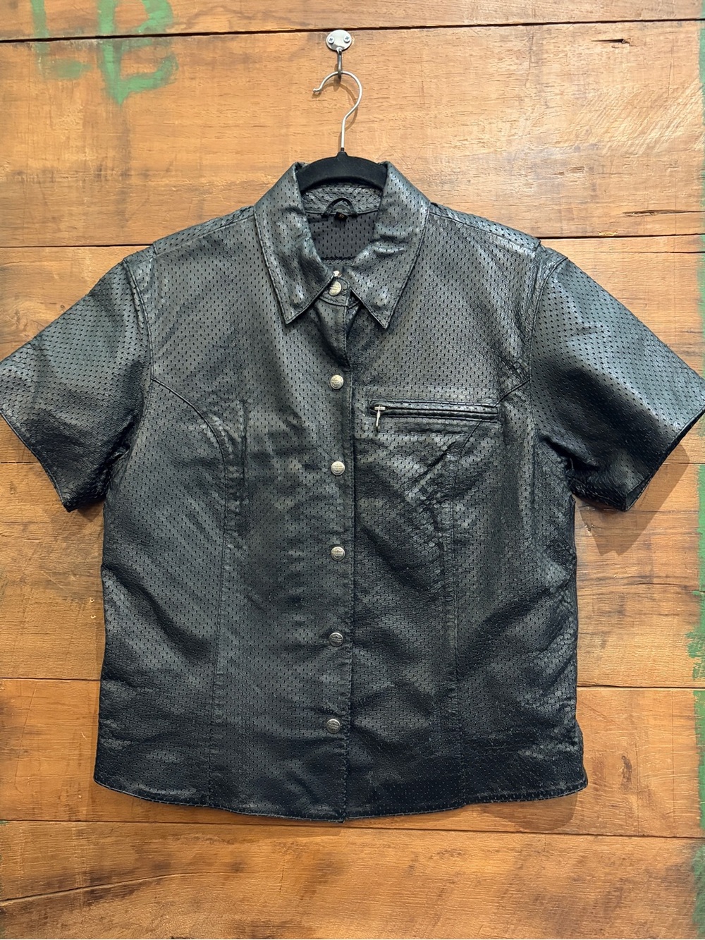 Harley-Davidson Black Perforated Leather Short-Sleeve Button-Front Shirt